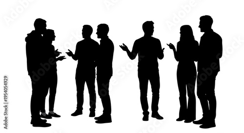 Silhouettes of seven people standing in pairs and engaging in conversations with gestures on a plain white background for use in designs related to teamwork and communication