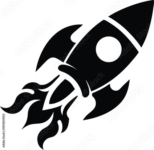 Black rocket ship blasting off with flames and fins