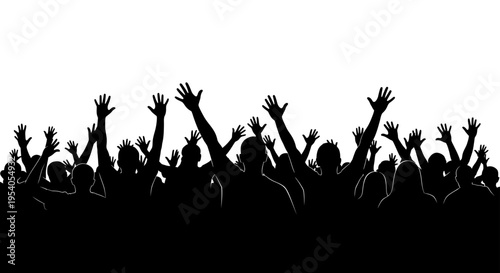 Silhouettes of a crowd of people with hands raised in celebration or applause against a white background, conveying a sense of unity and collective joy.