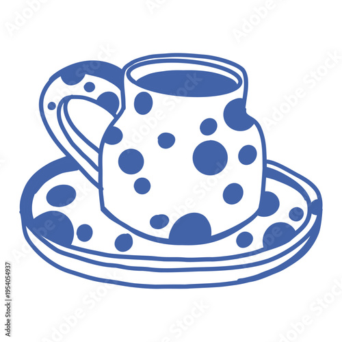 Hand-drawn blue polka dot teacup filled with tea on matching saucer, playful outline