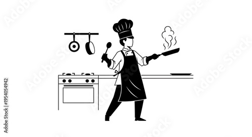 Chef cooking in a kitchen with a frying pan and utensils