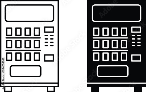 Snack vending machine icon in outline and inverted style, automated retail dispenser vector illustration isolated for kiosk interface, self service technology and modern vending concept