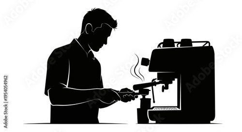 Man in silhouette preparing coffee with a machine professionally