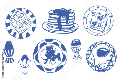 Set of blue doodle breakfast dishes with waffles, pancakes, eggs, toast