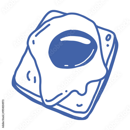 Hand-drawn fried egg with runny yolk on square toast slice, blue outline