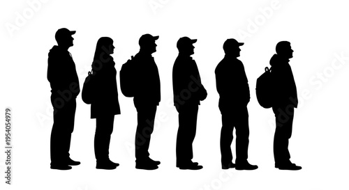 Silhouette of people standing in a line facing right against a white background wearing casual clothes and some carrying backpacks looking uniform and orderly