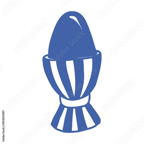 Blue boiled egg in striped cup holder with ribbon base, hand-drawn