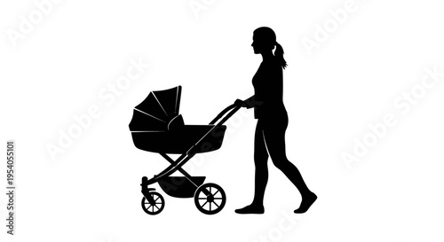 Woman pushing a baby stroller in a simple black silhouette against a white background walking with her child