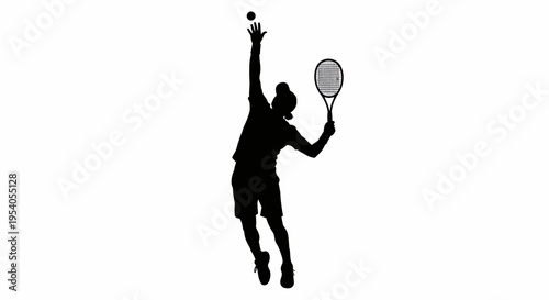 Tennis player in mid air serving with racket and ball in play