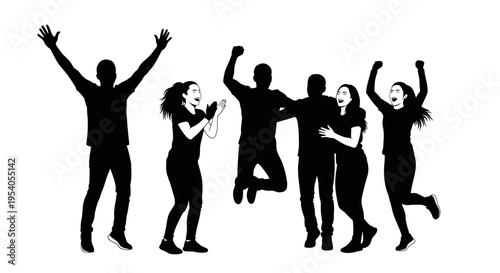 Group of people celebrating with raised arms and joyful expressions freely