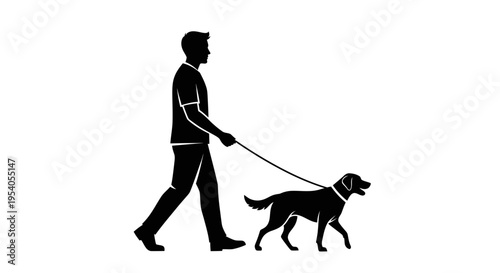 Man walking dog on leash in black silhouette against white background