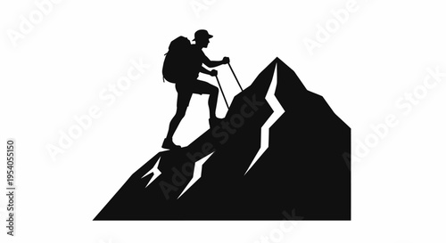 Silhouette of a hiker climbing a mountain with hiking poles and a backpack