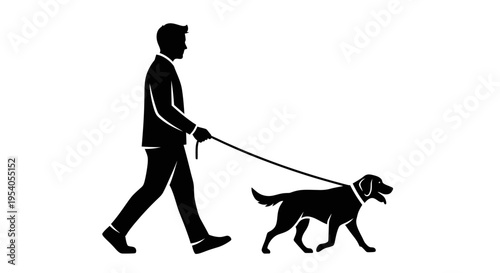 Man walking dog on leash in black silhouette against white background