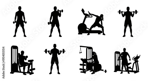 Black silhouettes of people working out with dumbbells and exercise machines in a gym setting showing various fitness activities and equipment