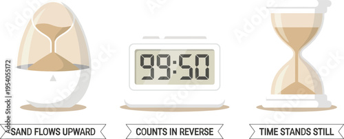 Assorted timekeeping devices illustrate concepts of reversed counting, upward sand flow, and static time passage.