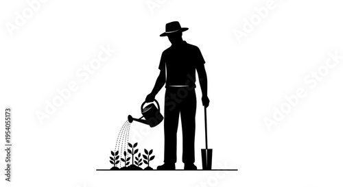 Man watering plants with a watering can in a simple black silhouette style