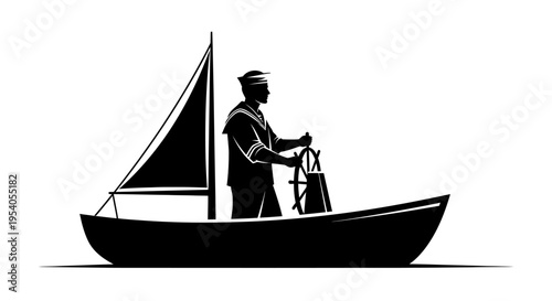 Man in sailboat holding shopping bag standing on a boat with sail