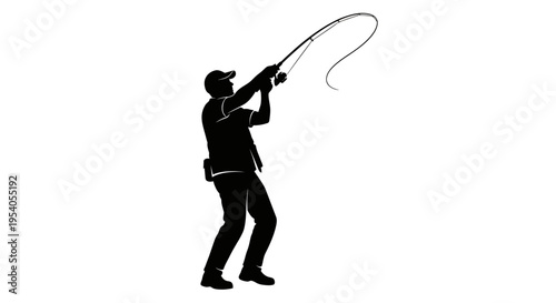 Man casting a fishing rod with a dynamic motion in a black silhouette
