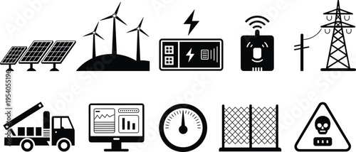 Modern renewable energy infrastructure icons featuring solar panels, wind turbines, electricity, battery storage, data monitoring, transmission tower, 