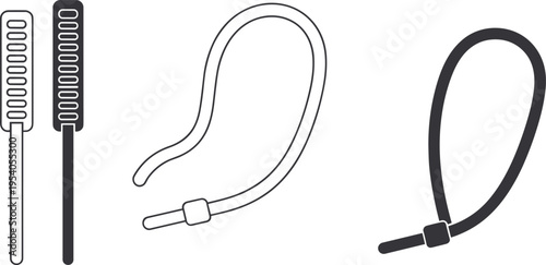 Plastic cable ties in unused, partially looped, and fully tightened stages, demonstrating fastening process for organizing wires, securing items, and industrial utility applications