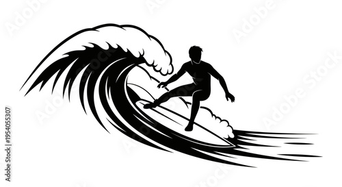 Black silhouette of a surfer riding a wave on a surfboard with motion lines