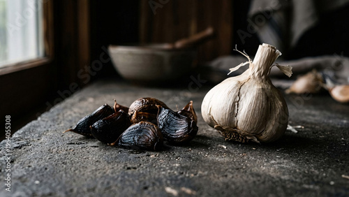 Close up of black fermented garlic cloves next to white garlic bulb