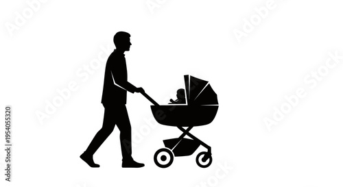 Man pushing a stroller with a baby inside on a plain white background walking to the right in a black silhouette illustration style outdoors