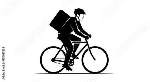 Delivery person riding bicycle with large package on back