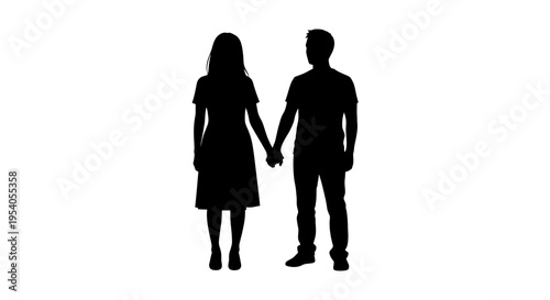 Silhouette of a couple holding hands standing side by side facing forward in unison on white background looking ahead