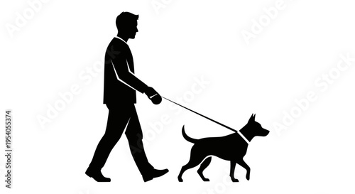 Silhouette of a man walking his dog on a leash outdoors