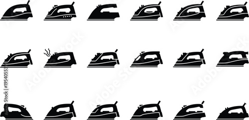 Set of 15 black silhouette electric iron icons with diverse designs, steam vents, spray nozzles, household appliance symbols for cleaning, ironing, garment care illustrations