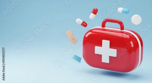 Red first aid kit with medical pills and capsules floating around  