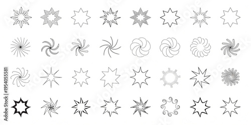 A collection of various starburst shapes and swirling designs arranged in rows on a white background.