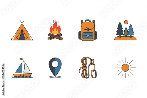 Outdoor recreation icons including tent, campfire, boat, and sun symbol, climbing gear