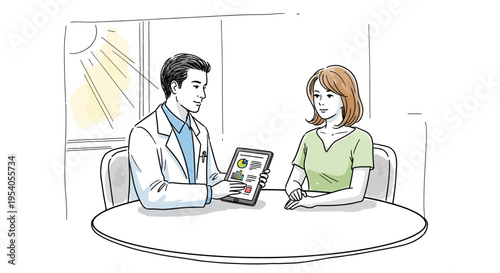hand drawn illustration of doctor and patient discussing health on tablet