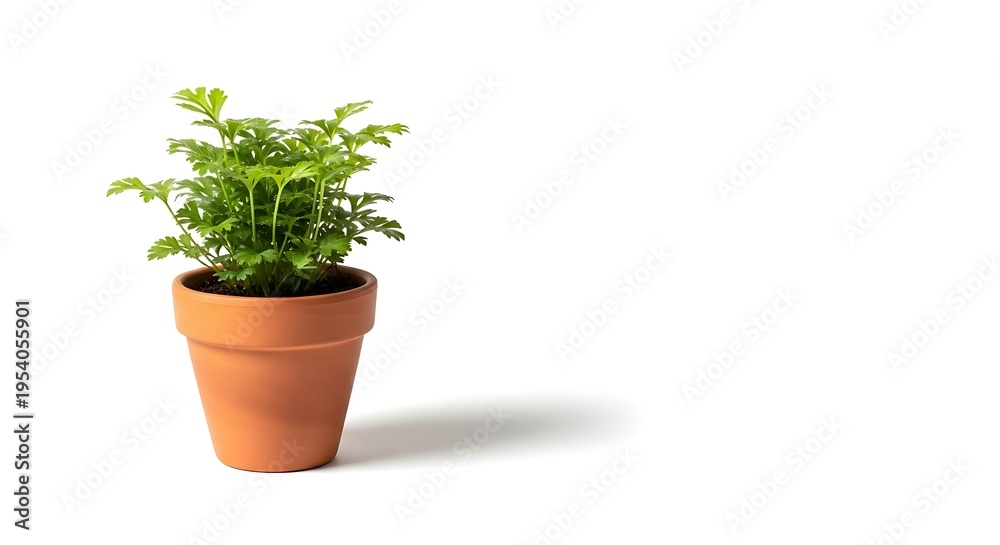 Obraz premium Small potted plant with vibrant green leaves casting a shadow against white backdrop