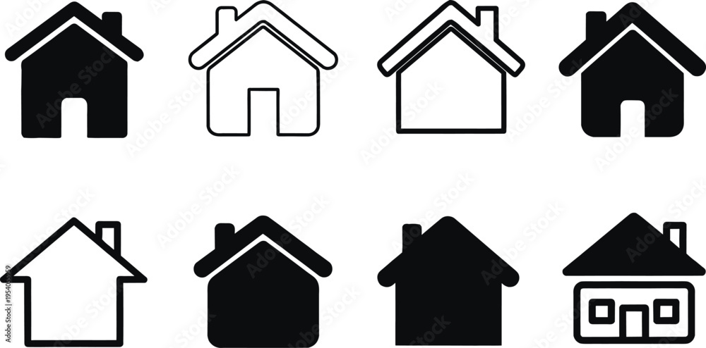 Obraz premium Solid silhouette vector icons set of houses, home page symbols, real estate property, residential building shapes, and architecture outlines,