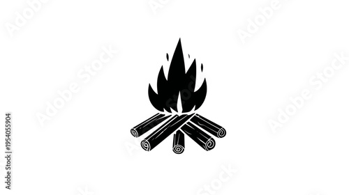 A black and white stylized illustration of a campfire with flames and logs against white