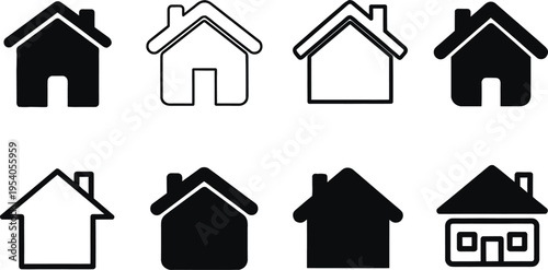 Solid silhouette vector icons set of houses, home page symbols, real estate property, residential building shapes, and architecture outlines,