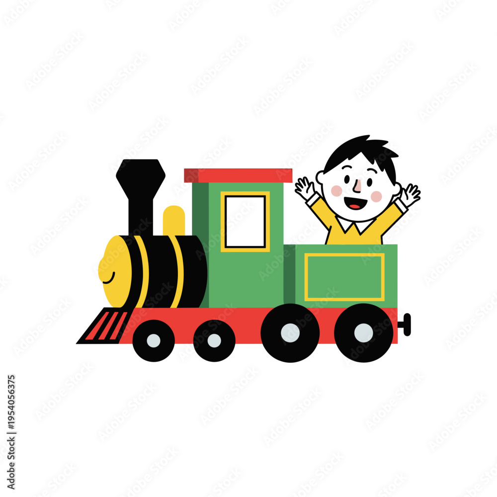 Naklejka premium Happy child waving from colorful toy train in cartoon style 