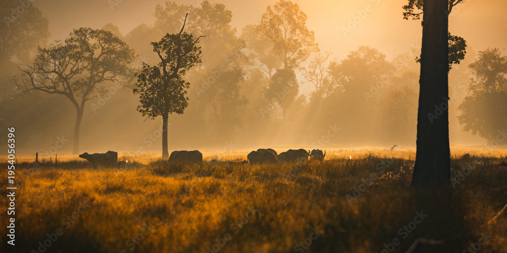 Obraz premium Sunset countryside landscape with rural field and small house peaceful nature golden light misty morning calm environment hope tranquility scenic farmland outdoor lifestyle