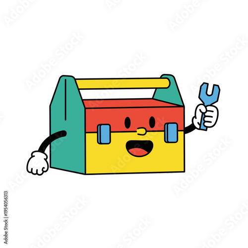 Cartoon toolbox character holding a wrench and smiling brightly  