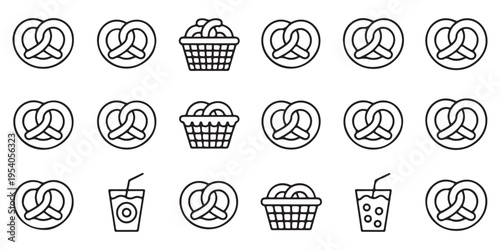 Assorted Pretzel and Snack Basket Line Icons for Food Branding