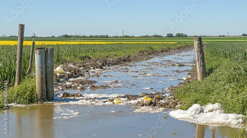 Polluted rural farmland with waste and chemical runoff under a clear blue sky