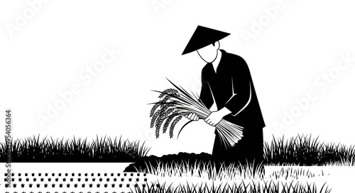 Man wearing conical hat planting rice.