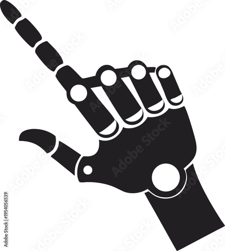 Black robotic hand pointing upwards with index finger