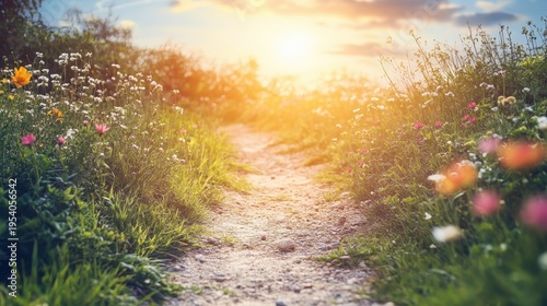 Sunlit dirt path winding through a vibrant meadow of wildflowers on a bright clear day.