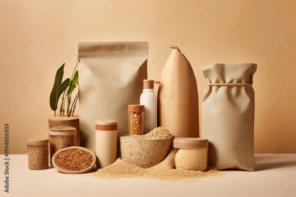 Fototapeta premium Sustainable packaging and natural products displayed on a beige background celebrating eco consciousness