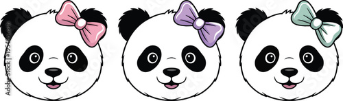 Three panda bears with colorful bows on their heads are smiling sweetly