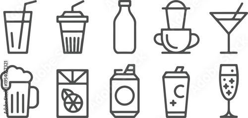 Comprehensive set of outlined drink vector icons featuring various beverages like beer juice milk and cocktails ideal for menus and graphic design